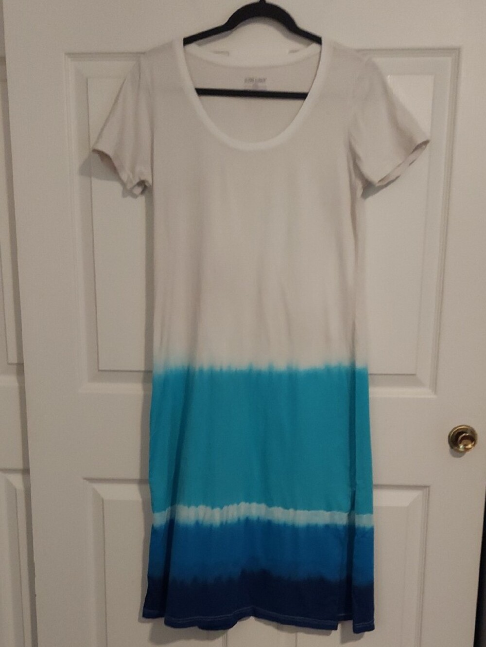 White and Blue Midi T Shirt Dress Beach Vacation Resort Sz. S
